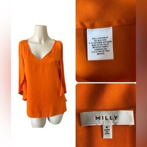 Milly Silk Orange Butterfly Flutter Bell split Sleeve V-Neck Blouse Women size 4